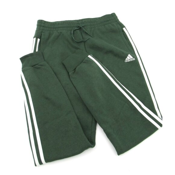 Adidas Fleece Sweatpants Women Size Small Green Stripes Pockets Joggers Cuffed - Picture 1 of 7